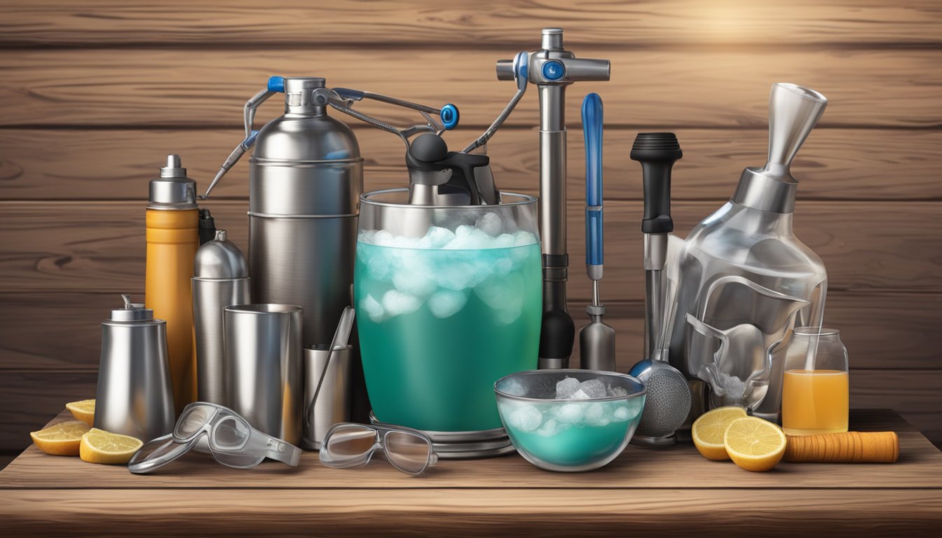 A bartender's toolkit with liquid nitrogen, cocktail shakers, and safety goggles on a rustic wooden bar