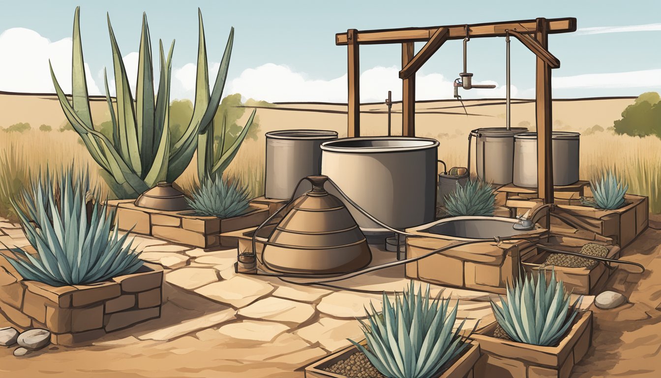 A traditional distillation setup in a rustic Texas setting, with agave plants being harvested and cooked in an earthen pit