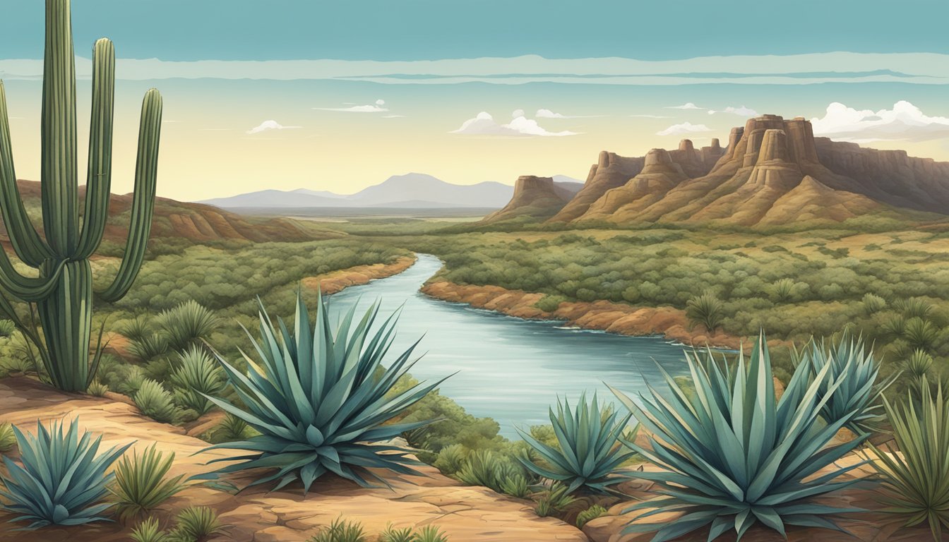 A rugged Texas landscape with agave plants, a distillery, and a river, showcasing the geographical influence on the rise of raicilla