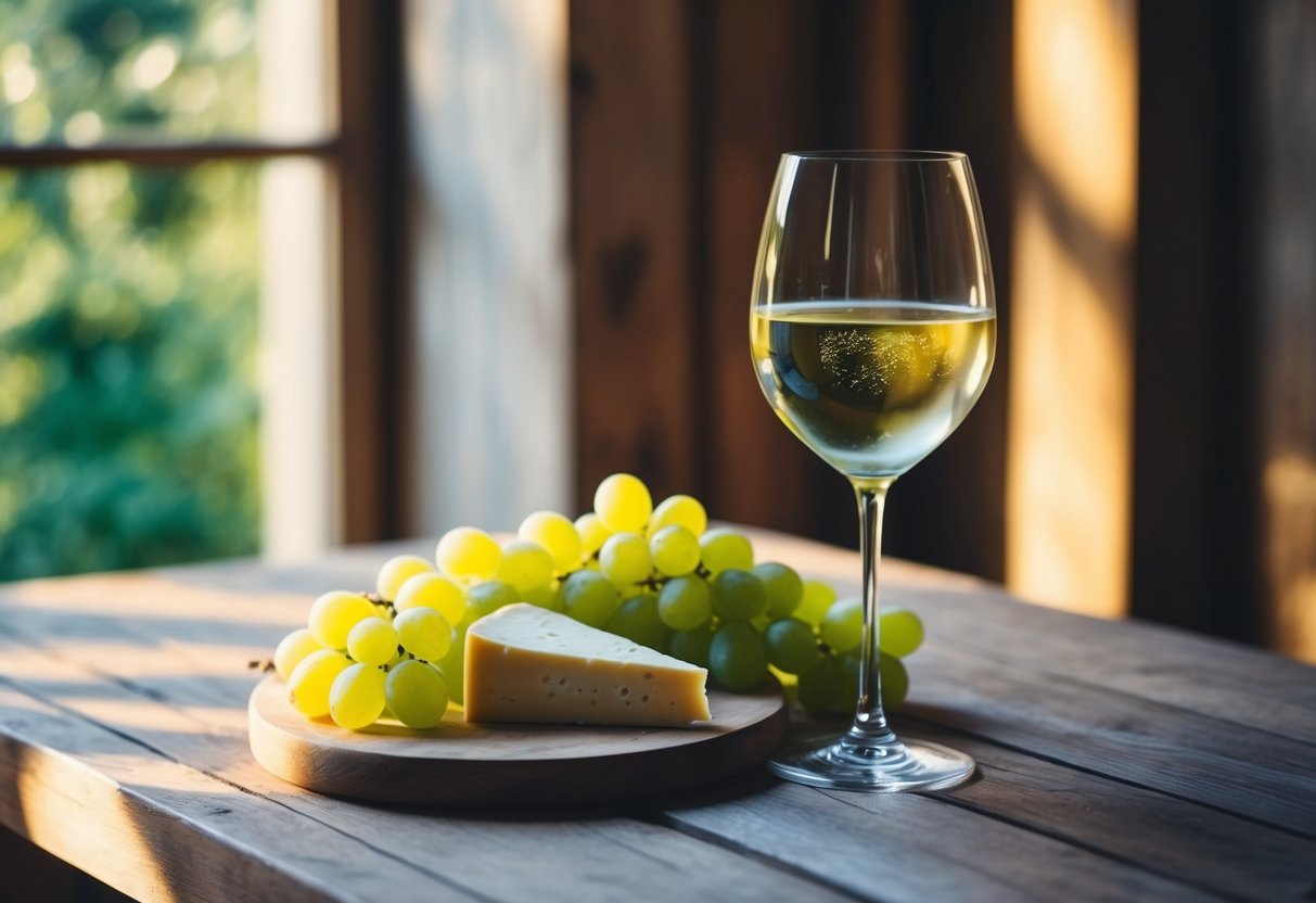 A glass of sauvignon blanc sits on a rustic wooden table, surrounded by fresh green grapes and a slice of sharp cheese. Sunlight streams through a nearby window, casting a warm glow over the scene