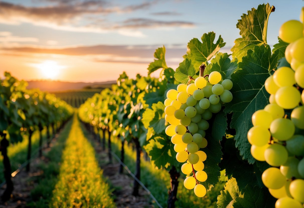 A vineyard at sunset, with rows of sauvignon blanc grapes basking in the golden light, surrounded by lush greenery and a serene atmosphere