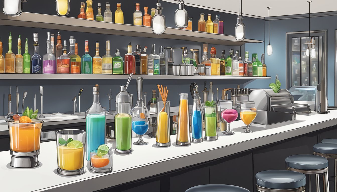 A well-organized bar counter with various cocktail ingredients, including liquid nitrogen tanks, safety gloves, and mixing tools