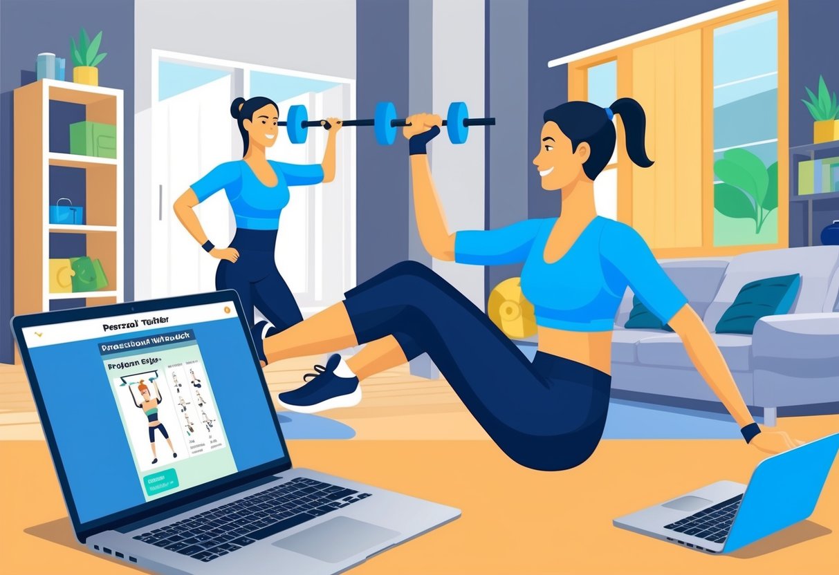An online personal trainer guiding a client through a workout in a home gym, with a laptop displaying a virtual training session and personalized workout plan