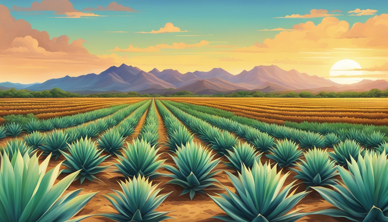 A vibrant field of agave plants in different varieties, with the backdrop of a Texas landscape and the rise of raicilla production