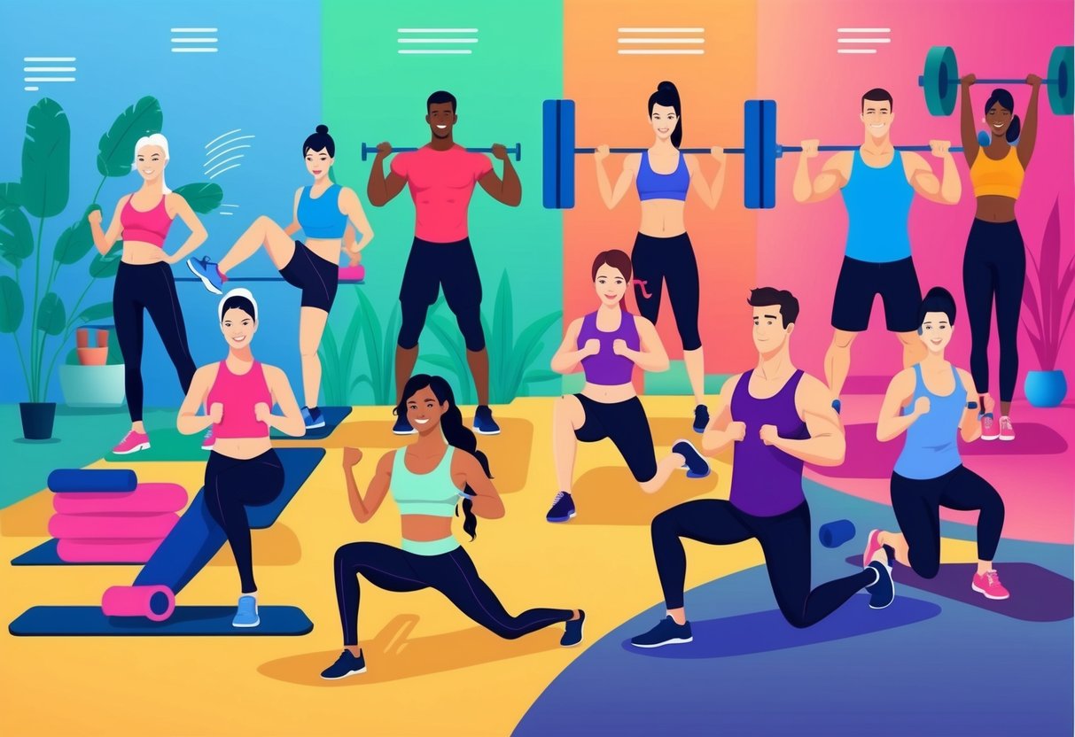 A diverse group of people working out in their own unique fitness programs, each tailored to their individual needs, in a vibrant online training environment