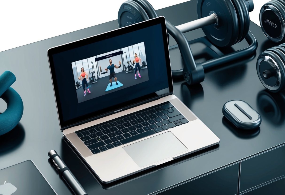 A laptop open on a sleek desk, surrounded by fitness equipment and a virtual training session displayed on the screen