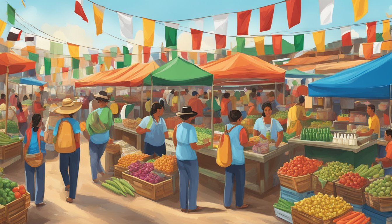 Vibrant market scene with raicilla bottles, Texan and Mexican flags, and bustling trade activity