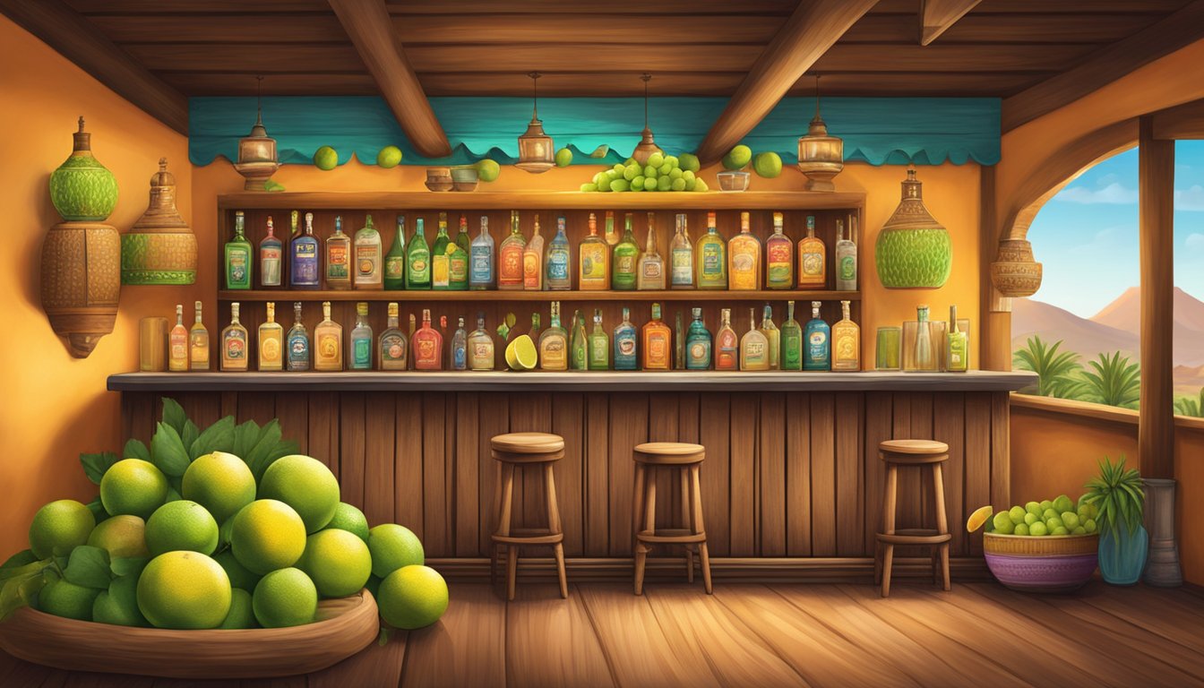 A rustic cantina bar with fresh grapefruits, limes, and tequila bottles on display, surrounded by vibrant Mexican decor