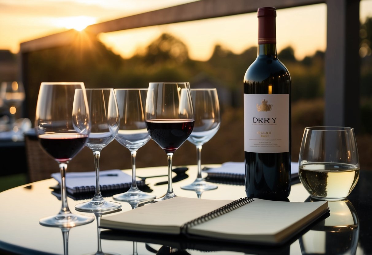 A table set with various wine glasses, a bottle of dry wine, and a notepad for jotting down tasting notes