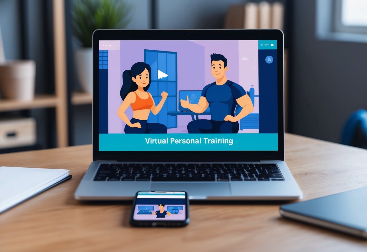 A laptop and smartphone sit on a desk, displaying a virtual personal training session. A supportive trainer and client interact through video chat, while workout equipment is visible in the background