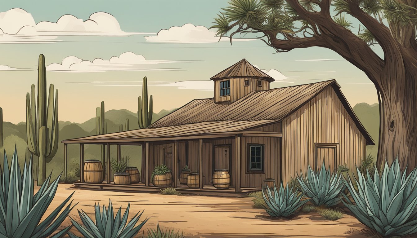 A rustic distillery nestled in the Texas countryside, with agave plants growing in the foreground and a small batch of raicilla being carefully crafted by skilled hands