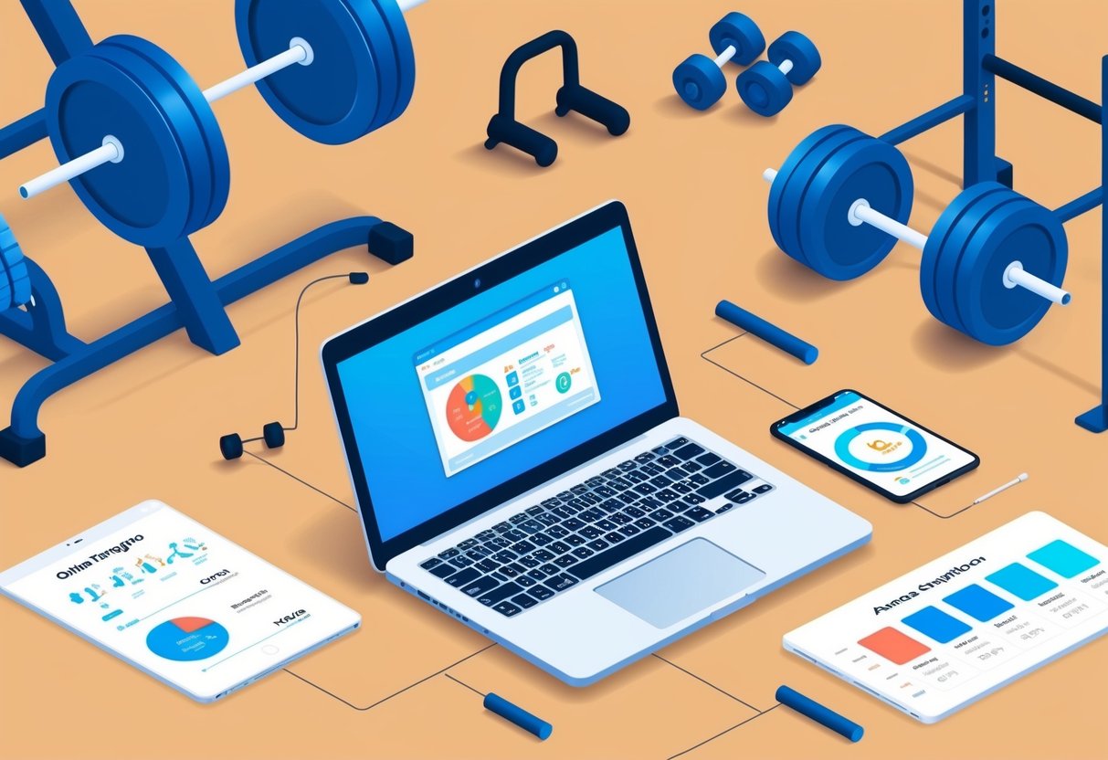 A laptop with an online training program displayed, surrounded by gym equipment and a price comparison chart