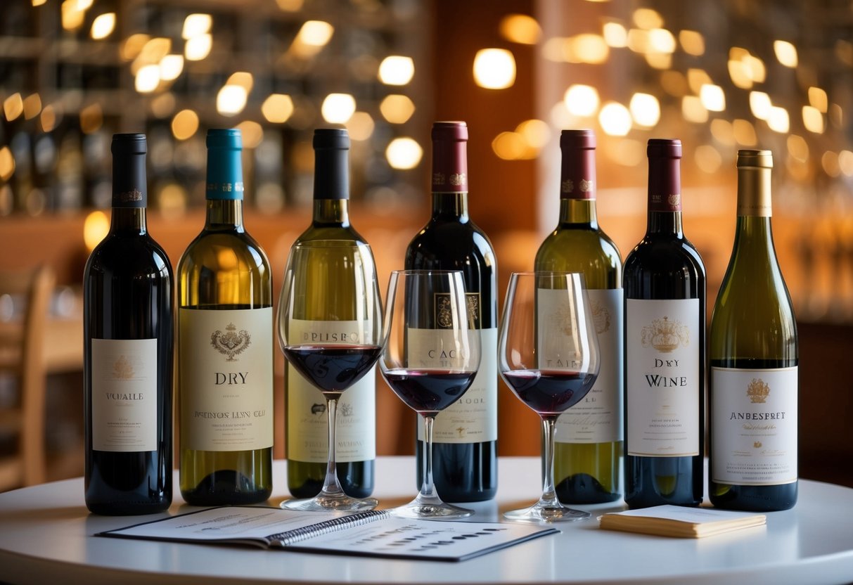 A table set with various bottles of dry wine, accompanied by wine glasses and a tasting guide