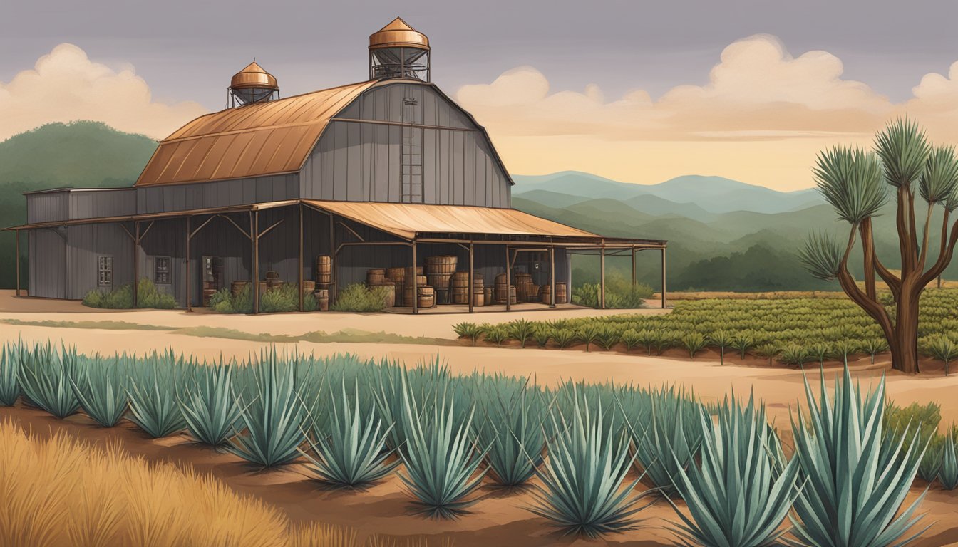 A rustic Texas distillery with copper stills and agave fields for raicilla production