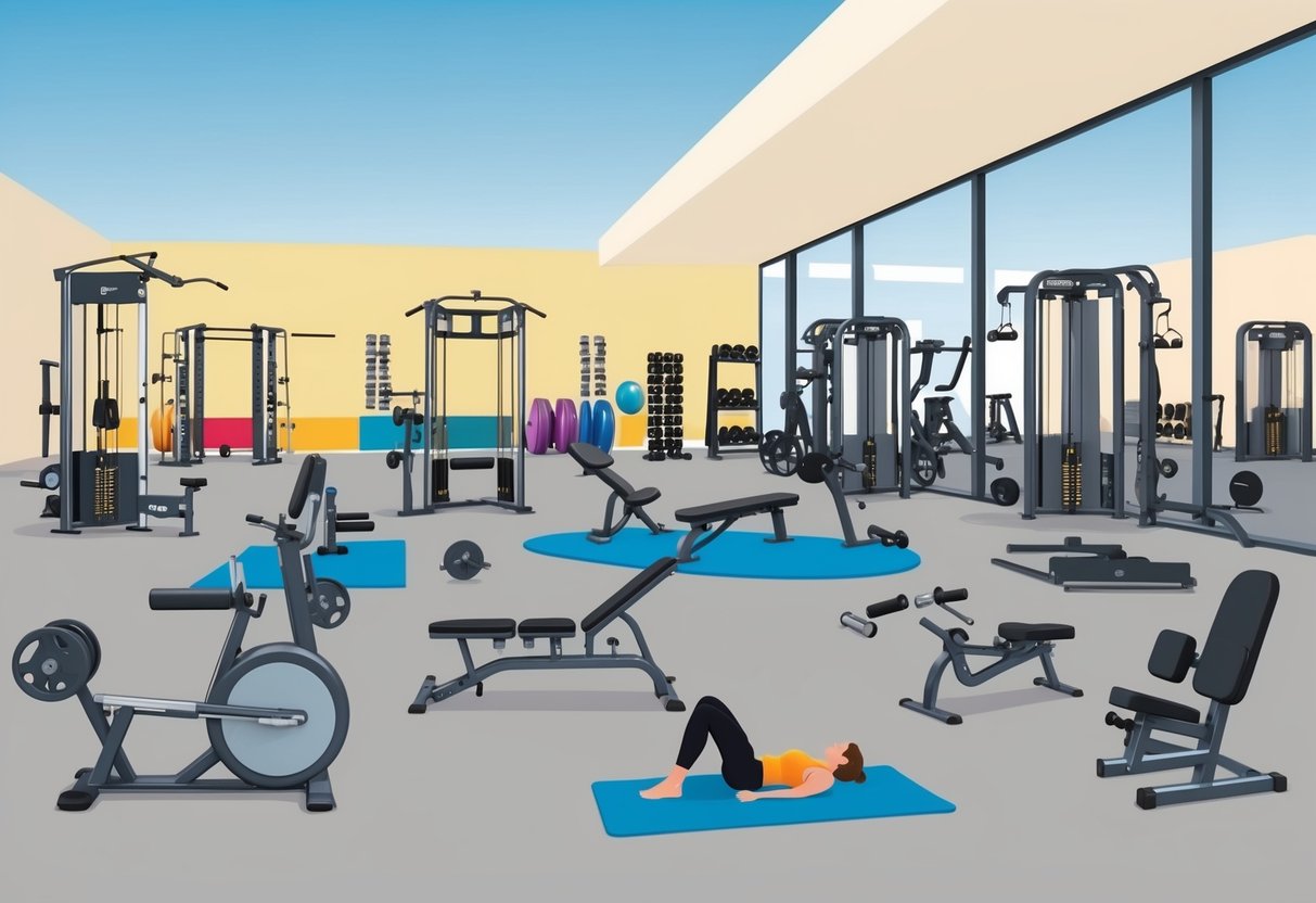 A variety of workout equipment arranged in a spacious, modern gym setting. Different training styles such as weightlifting, cardio, and yoga are depicted in separate areas