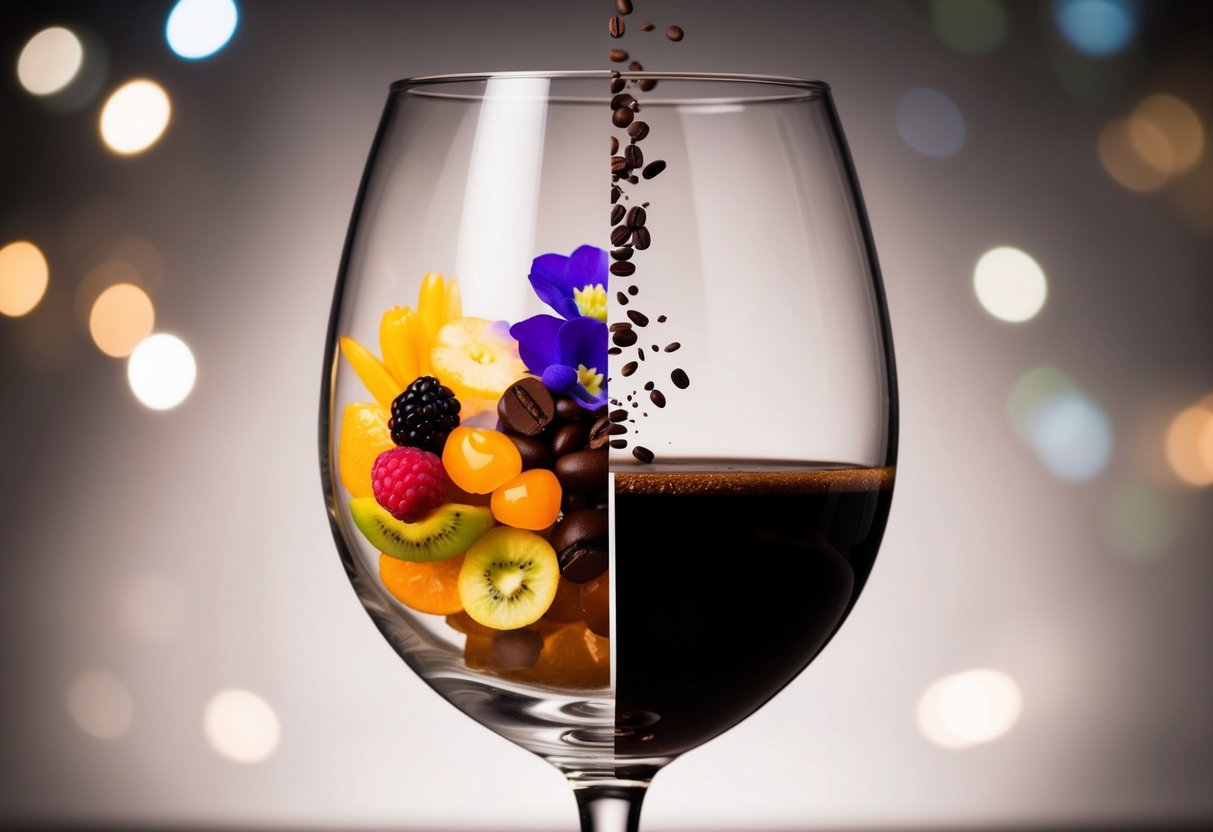 A wine glass split in two, one side filled with vibrant, sweet fruits and flowers, the other with dark, bitter notes of coffee and chocolate