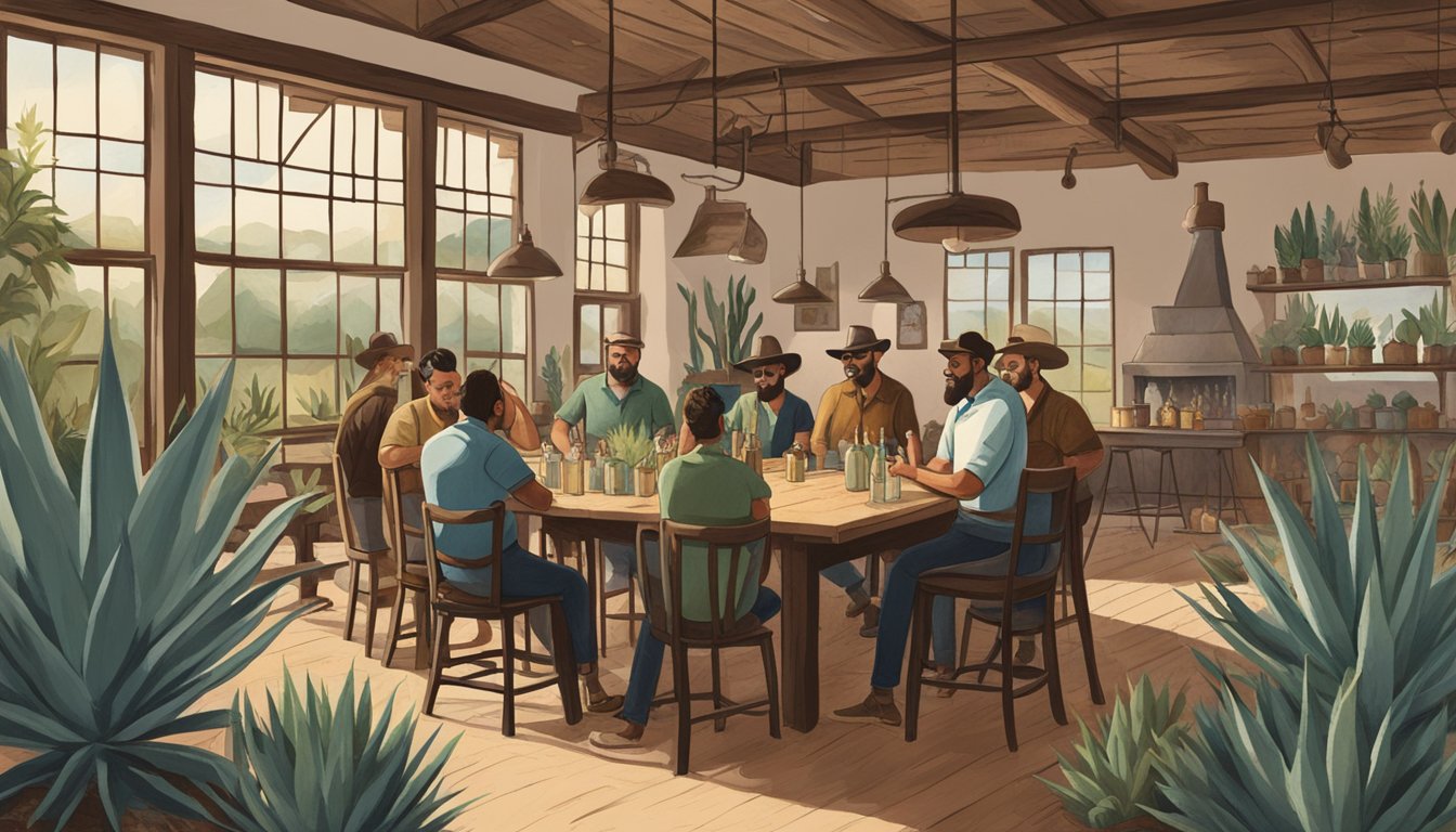 A rustic distillery in the Texas countryside, with agave plants growing outside and a small group of people gathered around a table, sipping raicilla and discussing its unique flavors