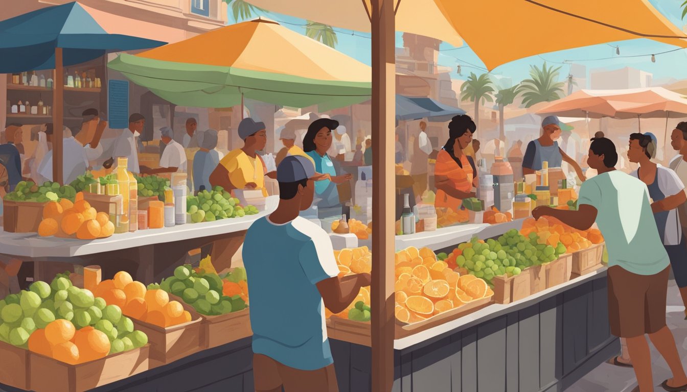 A bustling marketplace with vendors selling citrus fruits, tequila, and grapefruit soda. People enjoying palomas at a lively bar