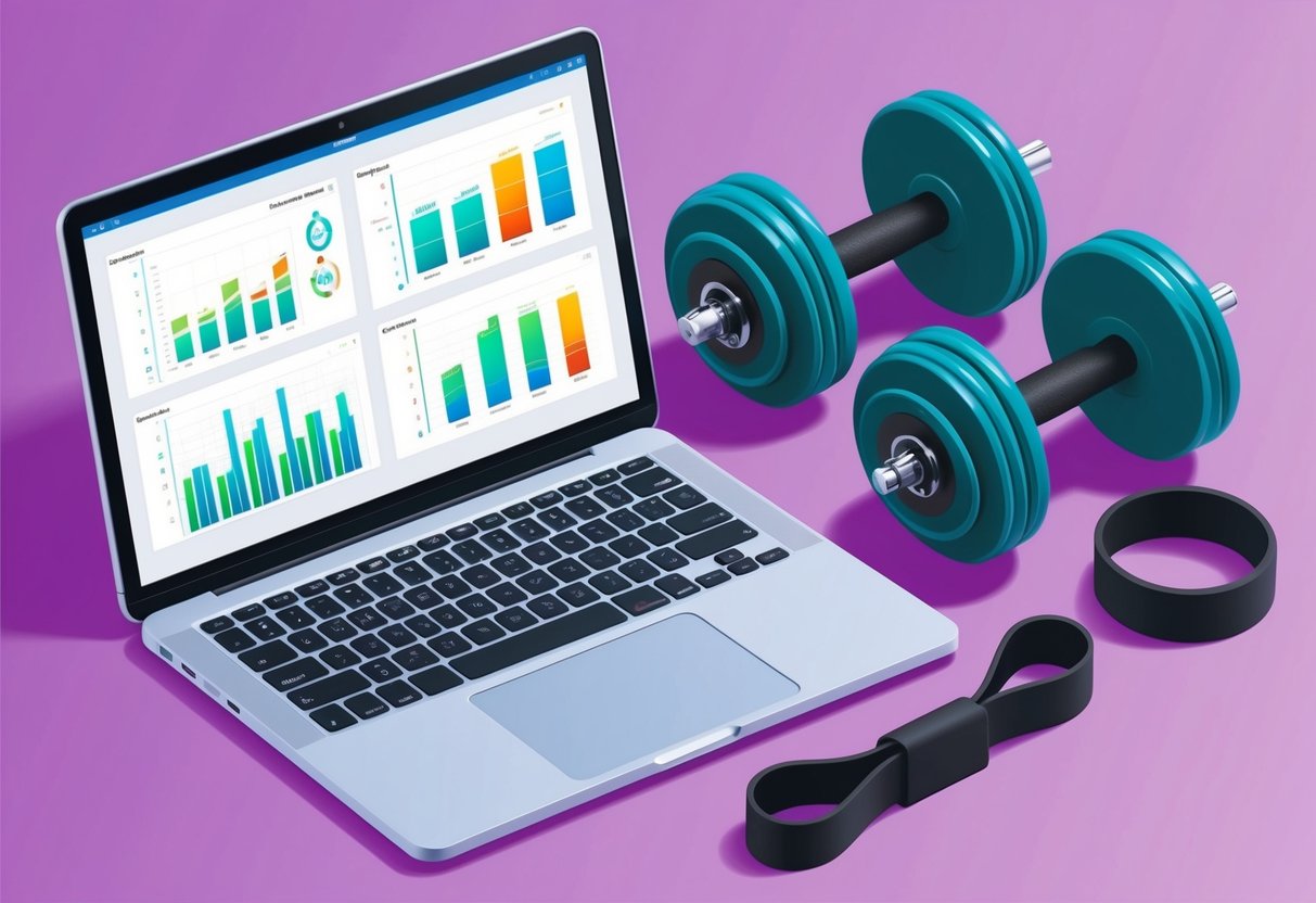 A laptop displaying fitness progress charts and graphs next to a set of dumbbells and resistance bands
