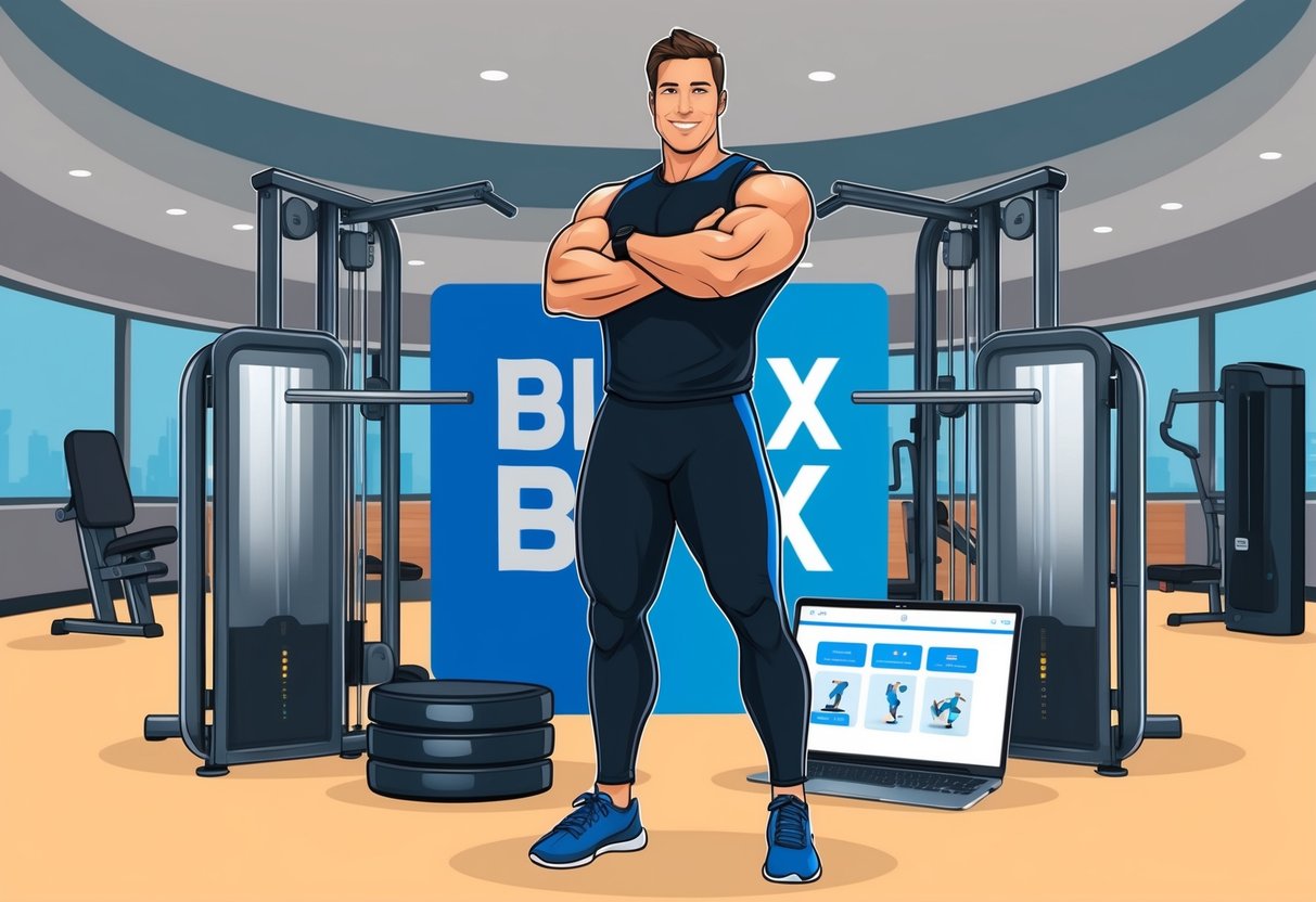 An online personal trainer standing confidently in front of a big box gym, surrounded by virtual fitness equipment and technology