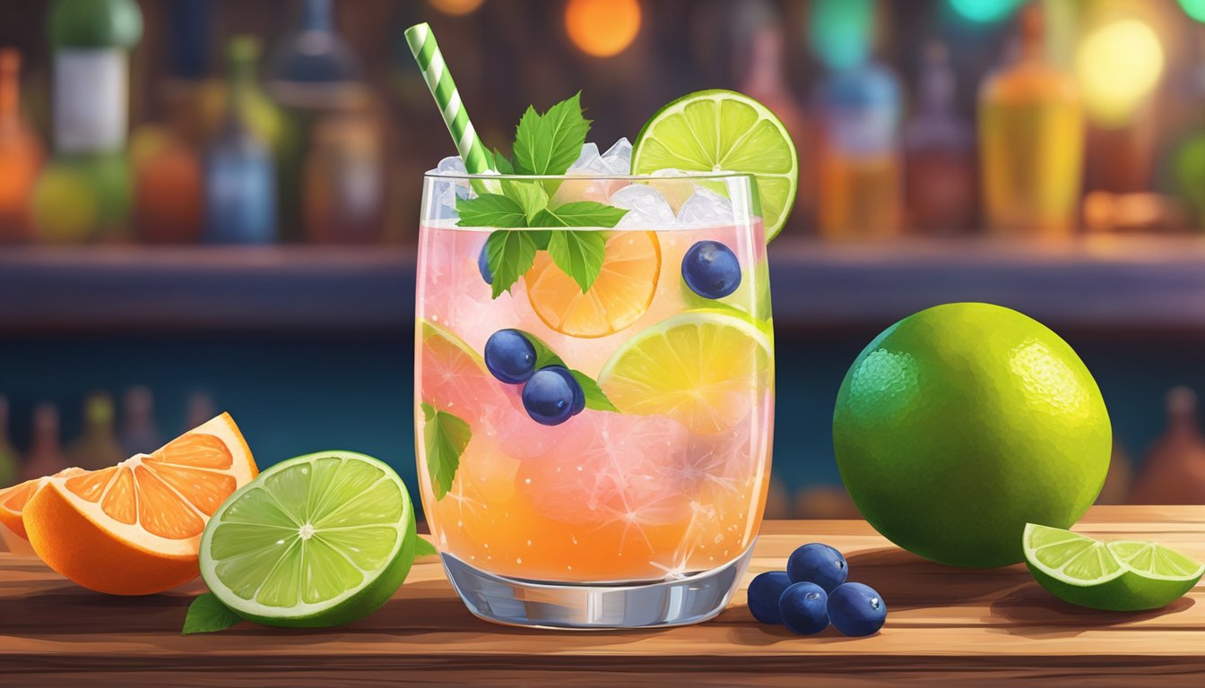 A colorful paloma cocktail sits on a rustic wooden bar, surrounded by fresh grapefruits and limes. A festive atmosphere is depicted with bright colors and lively patterns