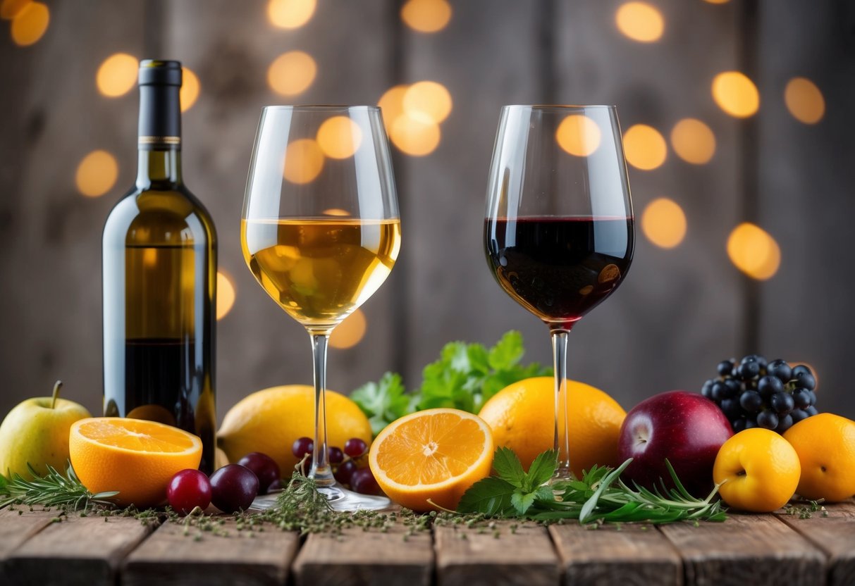 A glass of sweet wine next to a glass of bitter wine, surrounded by various fruits and herbs