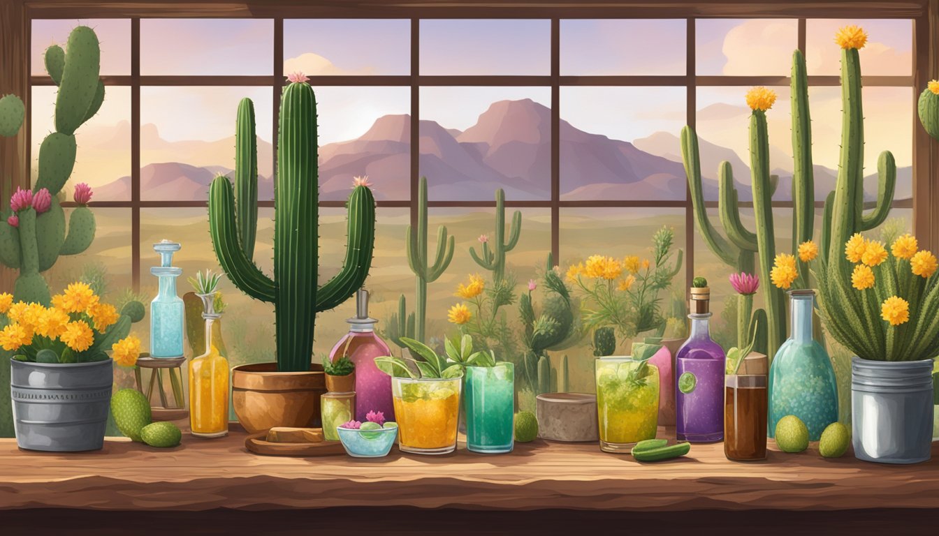 A rustic bar set against a backdrop of Texas wildflowers and cacti, with mixology ingredients like prickly pear, jalapeño, and mesquite