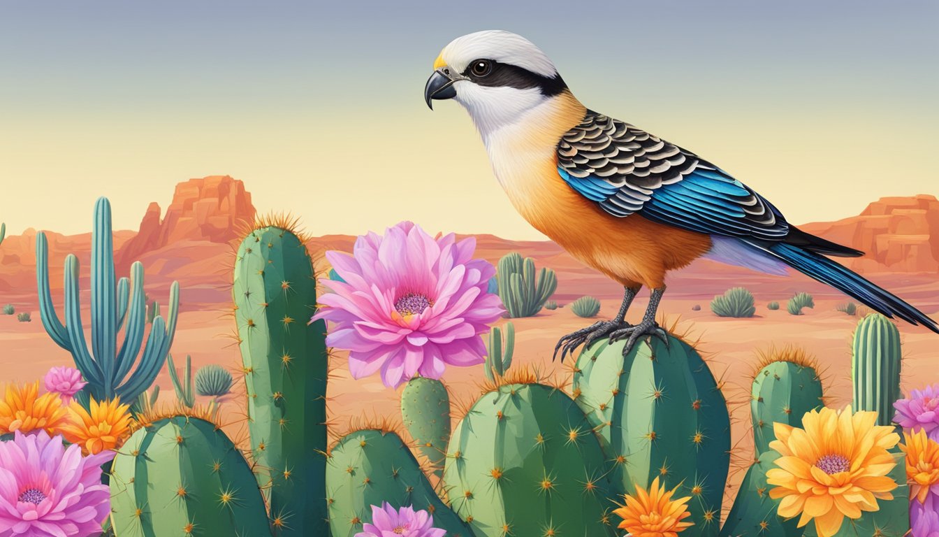 A paloma perched on a blooming cactus, surrounded by vibrant desert flowers and a clear blue sky