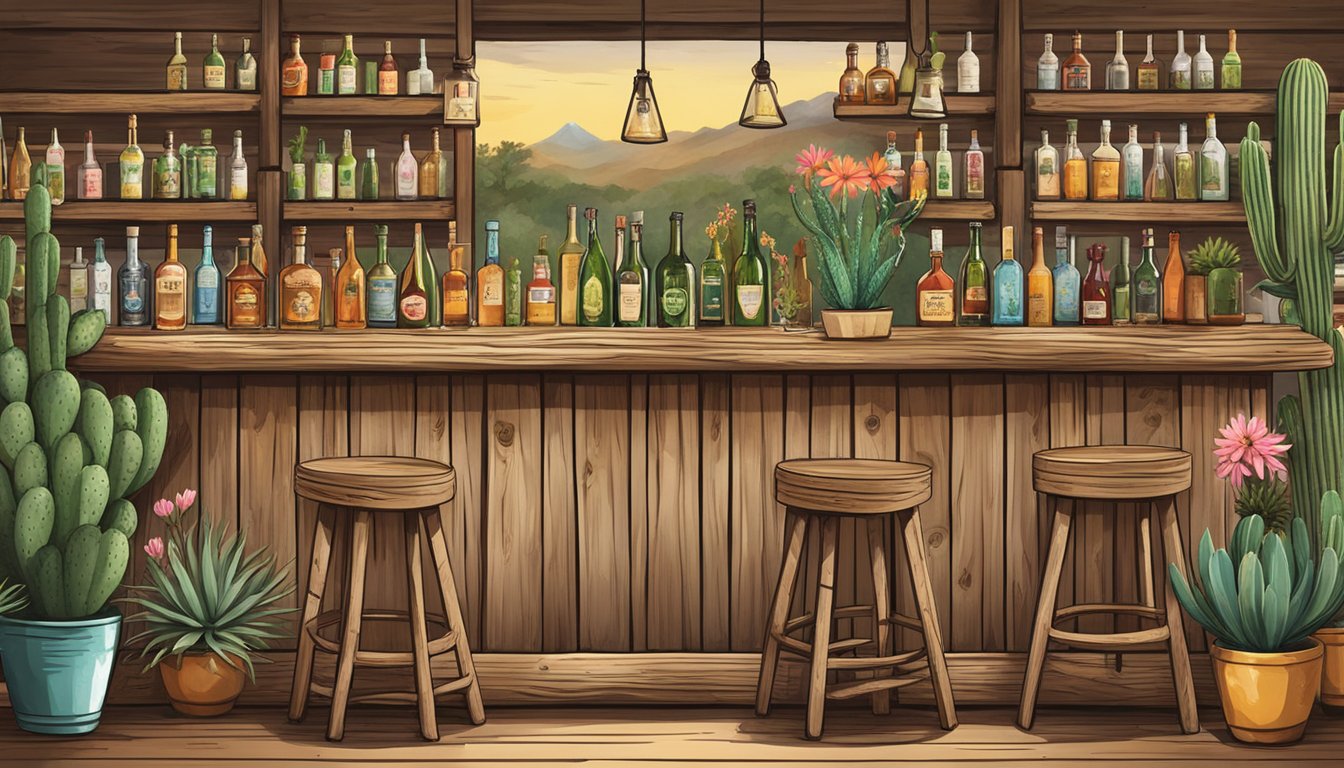 A rustic wooden bar with wildflowers and cacti, surrounded by bottles of unique Texas-inspired cocktails