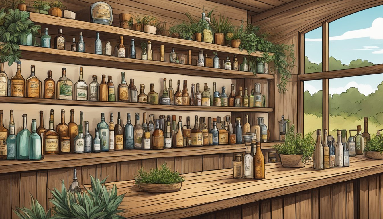 A rustic wooden bar adorned with native Texas plants, surrounded by bottles of spirits and fresh ingredients for crafting the perfect Texas-inspired cocktails