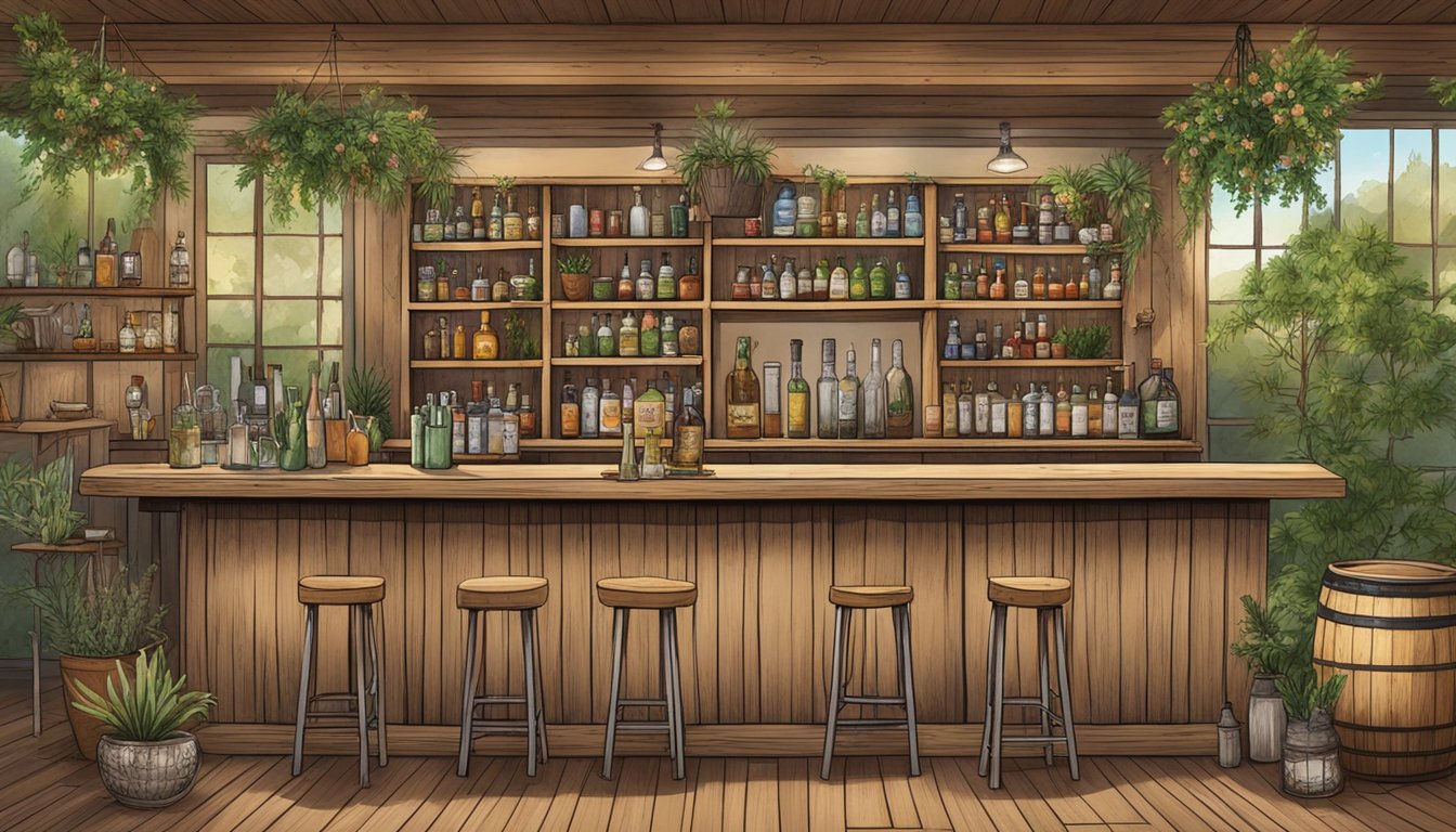 A rustic wooden bar adorned with Texas native plants, surrounded by various cocktail ingredients and utensils