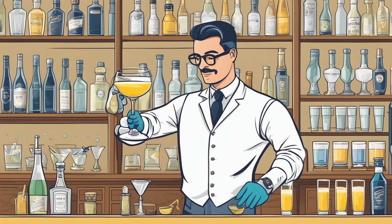 A bartender carefully measures and combines the ingredients for a French 75 cocktail, following a Texas bartender's guide