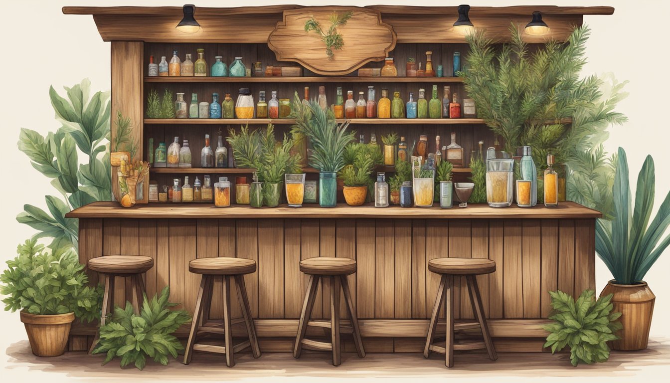 A rustic wooden bar adorned with native Texas plants, surrounded by cocktail ingredients and tools