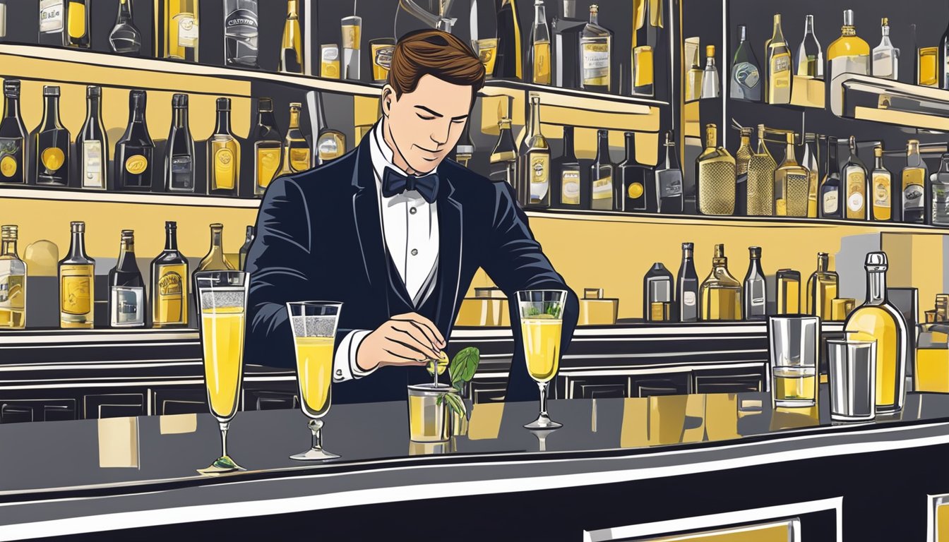 A bartender expertly prepares a French 75 cocktail with elegant garnishes and presentation