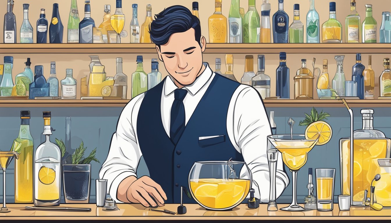 A Texas bartender expertly mixes ingredients for a modern French 75, surrounded by various cocktail tools and a sleek, contemporary bar setup