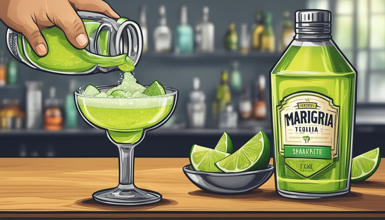 A bartender pours tequila, triple sec, and lime juice into a shaker, with a salt-rimmed glass and lime wedge ready for the perfect Texas margarita