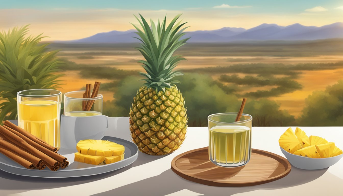 A glass of tepache surrounded by fresh pineapple, cinnamon sticks, and a hint of chili, set against a backdrop of a Texas landscape