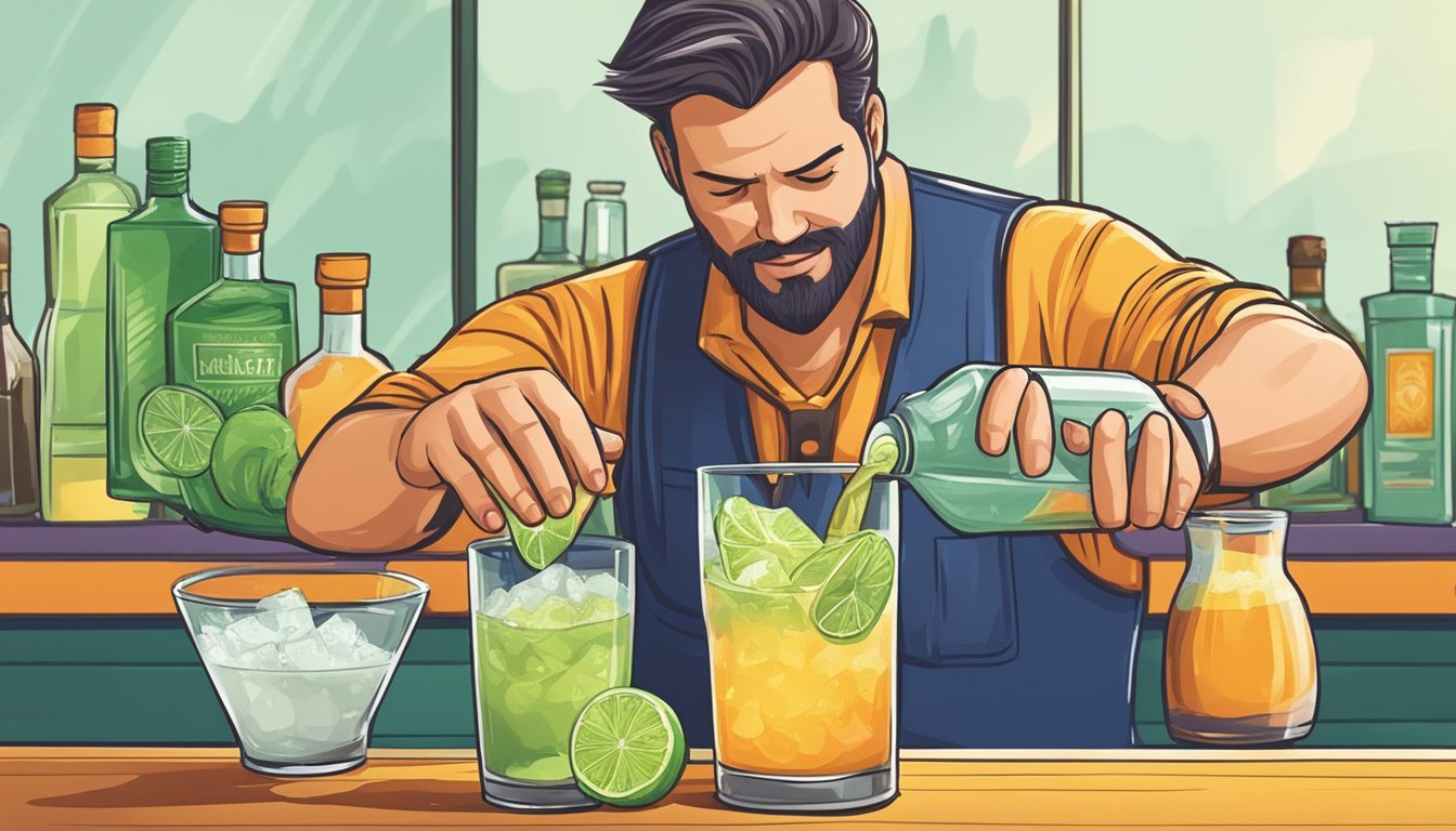 A bartender expertly pours tequila, lime juice, and orange liqueur into a shaker, adding a splash of agave nectar and ice, then vigorously shakes the mixture before straining it into a salt-rimmed glass