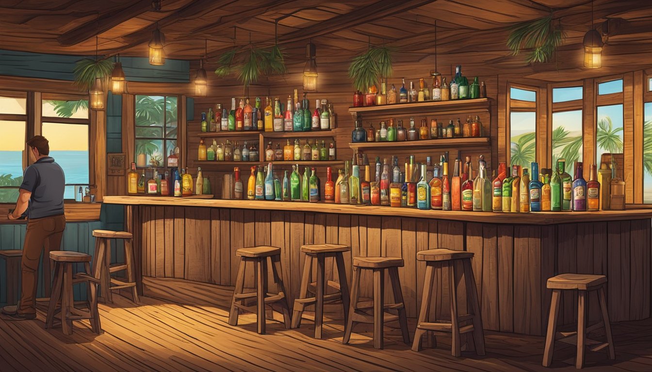 A rustic wooden bar with colorful bottles, fresh pineapples, and spices. A bartender expertly mixes Tepache Cocktails in the bustling Texan bar