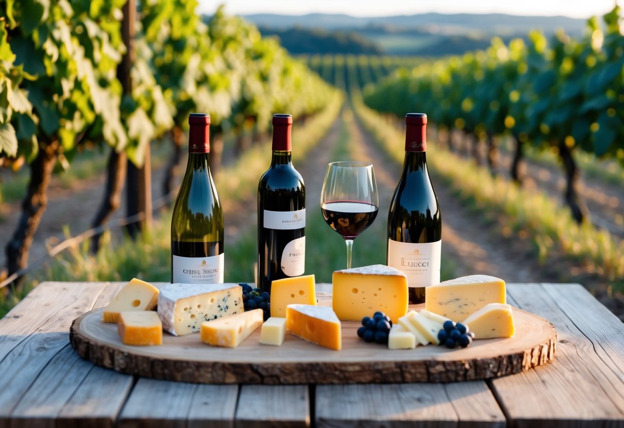 A rustic wooden table adorned with an array of cheeses and wine bottles, surrounded by vineyard views