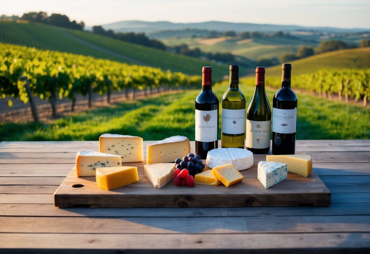 A rustic wooden table displays an array of artisanal cheeses and bottles of regional wines, surrounded by vineyard landscapes and rolling hills