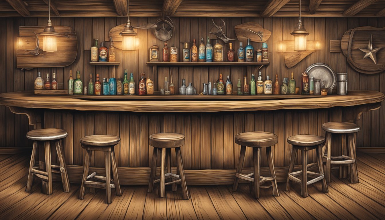 A rustic Texas saloon bar with cowboy hats, spurs, and vintage cocktail shakers displayed on a weathered wooden counter