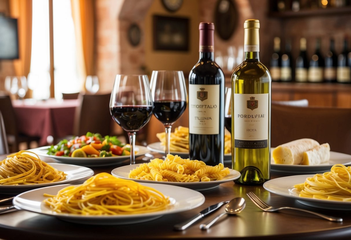 A table set with various types of pasta and wine bottles, surrounded by a cozy Italian trattoria ambiance