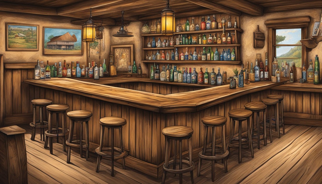 A rustic bar with Texas-themed cocktails, each representing a different historical figure. Wild West decor and Texas memorabilia adorn the walls