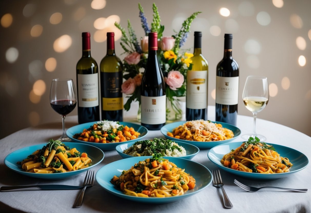 A table set with various vegetarian pasta dishes and a selection of wine bottles, with wine glasses and a floral centerpiece