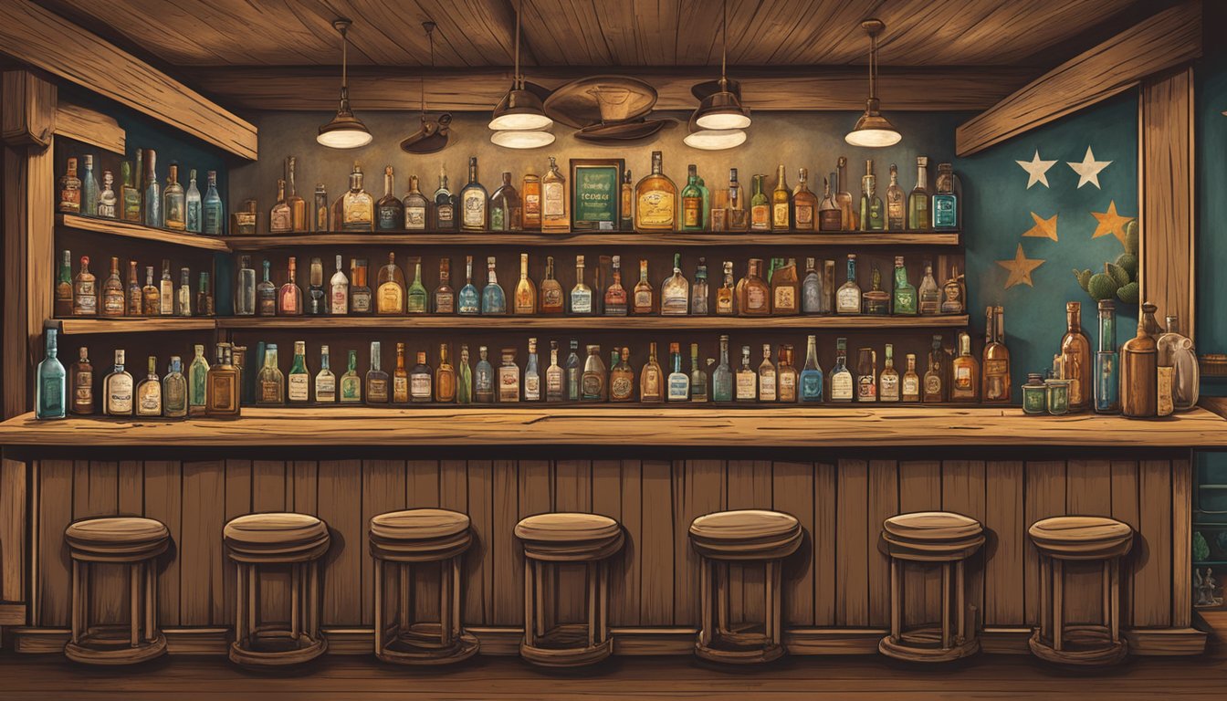 A rustic bar setting with cowboy hats, cacti, and bottles of Texas-made spirits, surrounded by images of historical figures