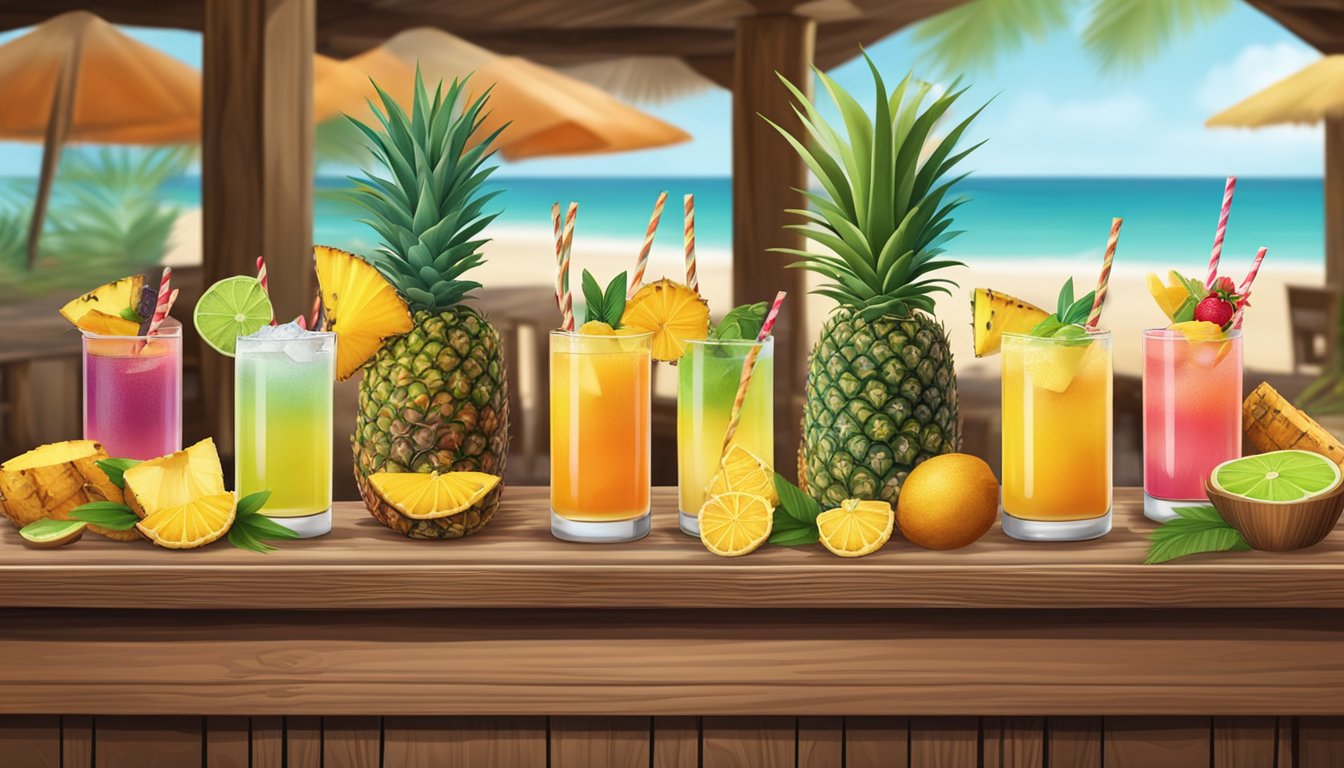 A rustic wooden bar adorned with fresh pineapple, cinnamon sticks, and other tropical fruits, with a lineup of colorful tepache cocktails on display