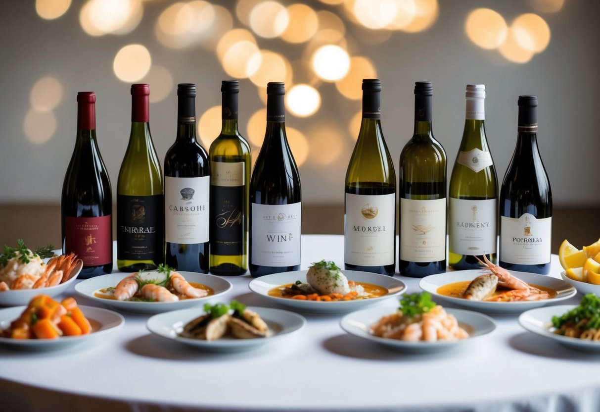 A table set with a variety of seafood dishes and different types of wine bottles arranged around them