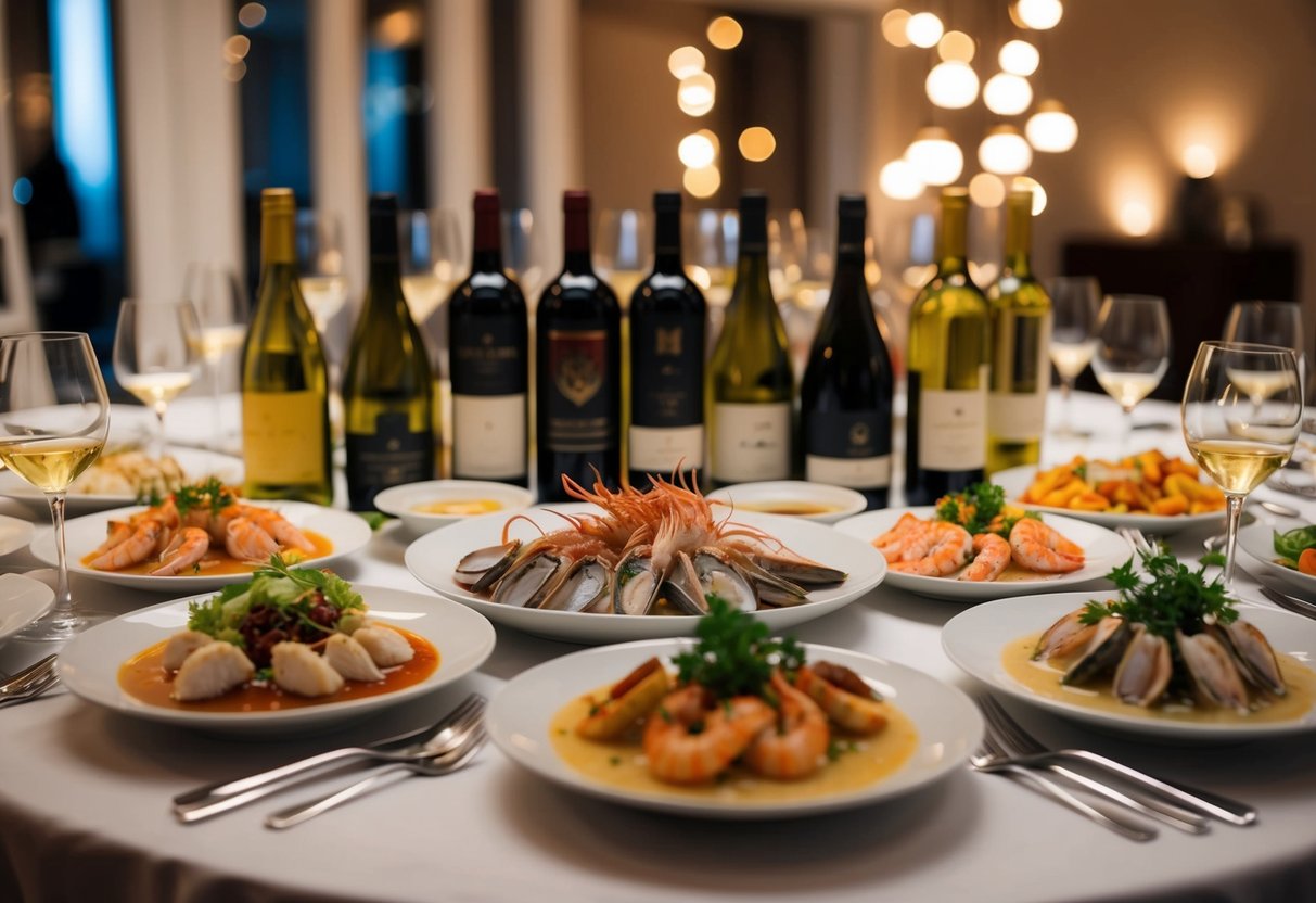 A table set with a variety of seafood dishes and an array of wine bottles