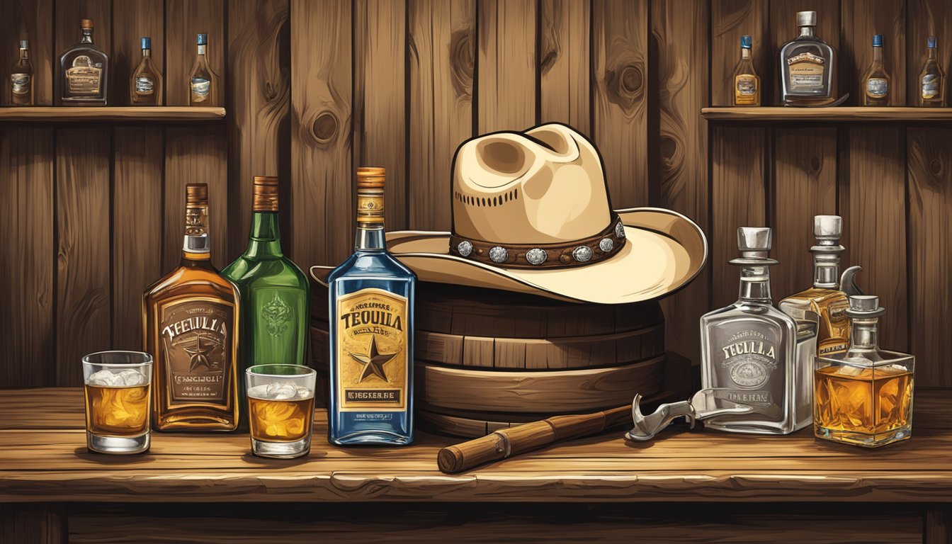 A rustic bar setting with cowboy hats and spurs, a lone star flag, and bottles of tequila and whiskey